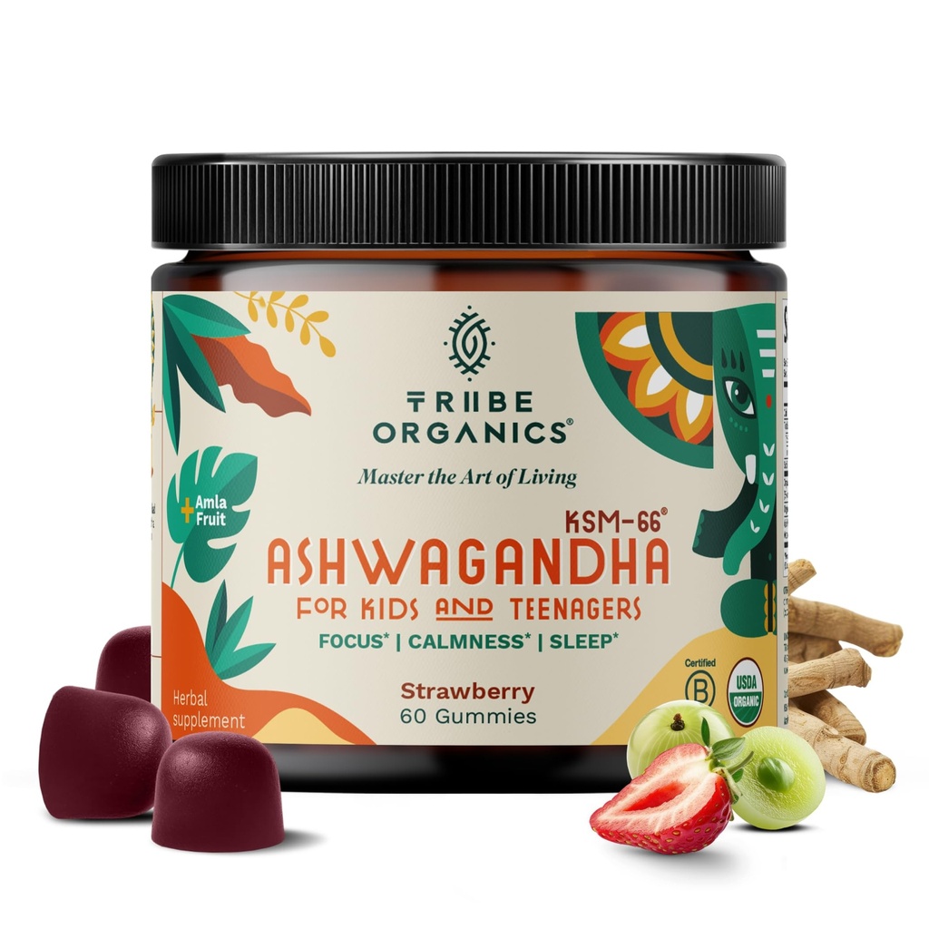 Ashwagandha KSM-66 Gummies for Kids & Teens - Extrait de racine biologique pure Supplément ayurvédique Gummy - Focus Mood Support Augmenter la force énergétique 600mg de KSM66 naturel pour l'absorption supérieure