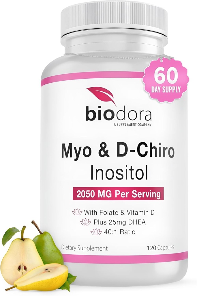 Myo& D-Chiro Inositol Supplement, met Folaat en Vitamine D, 40-1 Ratio, Inclusief DHEA, Helpt in Hormone Balance, Ovariaanse functie, 2050mg per portie, 120 Capsules
