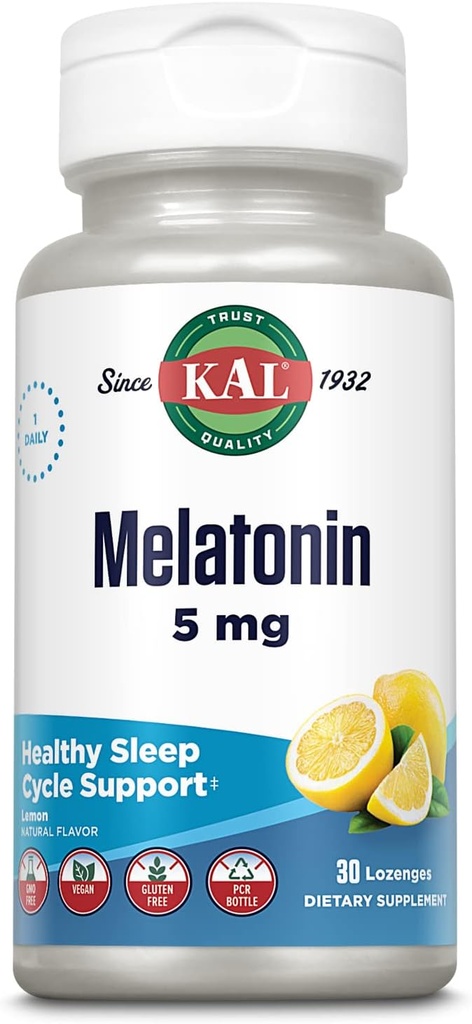 KAL Melatonine 5mg slaaphulp Lozenges, Melatonine supplement ondersteunt slaapkwaliteit, kalmerende ontspanning en een gezonde slaapcyclus, met toegevoegde vitamine B6, vegetarisch, natuurlijke citroensmaak, 30 lozen