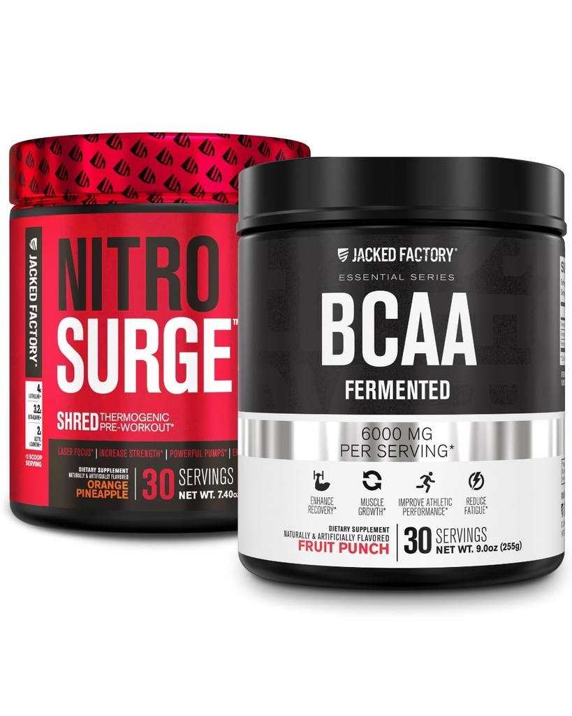 Ge Jacked Factory Nitrosurge Shred Thermogenic Pre-workout in Orange Ananas & BCAA in Fruit Punch voor Body Recomposition, Muscle Building and Recovery