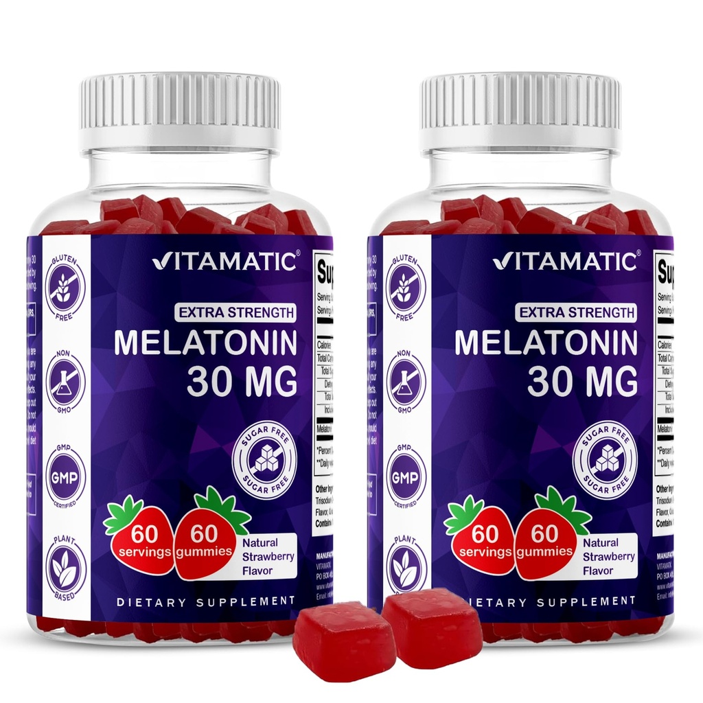 Vitamatic Sugar Free Melatonine 30mg per Gummy - 60 Serves - 60 Vegetarische Gummies - Non-Habit Forming Supplement (60 Telling (pakket 2))