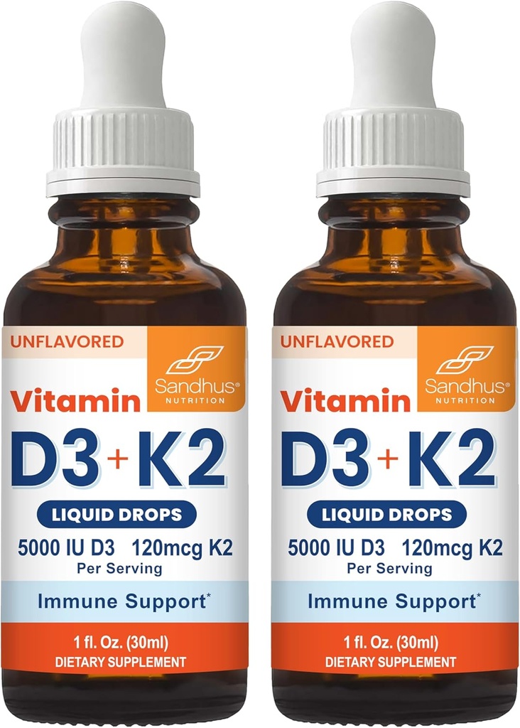 Les gouttes de vitamine D3 K2 de Sandhu pour les adultes: 5000 UI D3 Liquide, 120 mcg K2 Supplément 1 Fl Oz (paquet de 2)