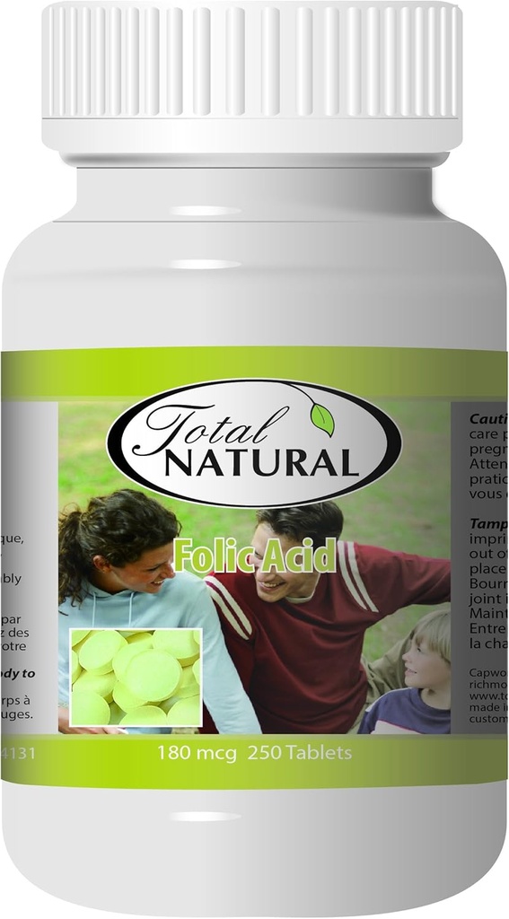 Foliumzuur 180mcg 250t [1 fles] door totaal natuurlijk, goed voor zwangere vrouwen, gezonde ontwikkeling van rode bloedcellen