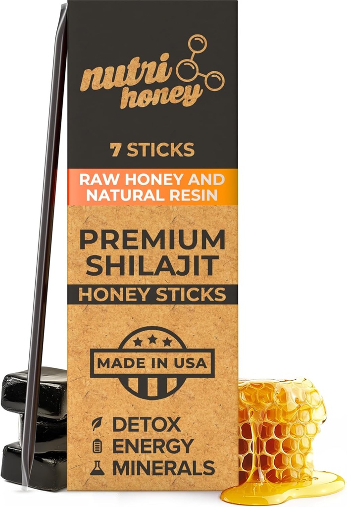 NATUURLIJKE SHILAJIT Honey Sticks - Shilajit Hars met ruwe honing, Fulvinezuur & Trace Mineralen, plantaardige voedingsstoffen voor energie, Immune Support & Vitality - 7 Shilajit Sticks