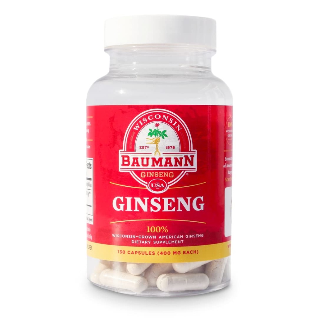 Baumann Wisconsin Ginseng Capsules 130 Pillen 400 mg Pure American Ginseng Root Extract Powder in elke pil - 100% Natural Panax Ginseng Supplement voor Immune Support, Focus en Energie