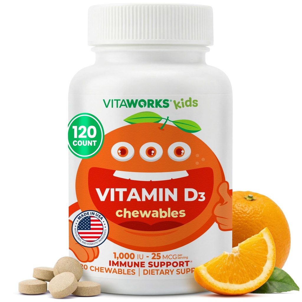 Comprimés de vitamine D 1000 UI pour enfants - Saveur naturelle d'orange - Végétaux, sans OGM, sans gluten, sans noix - Supplément alimentaire pour le soutien immunitaire - pour les enfants - 120 Chewables