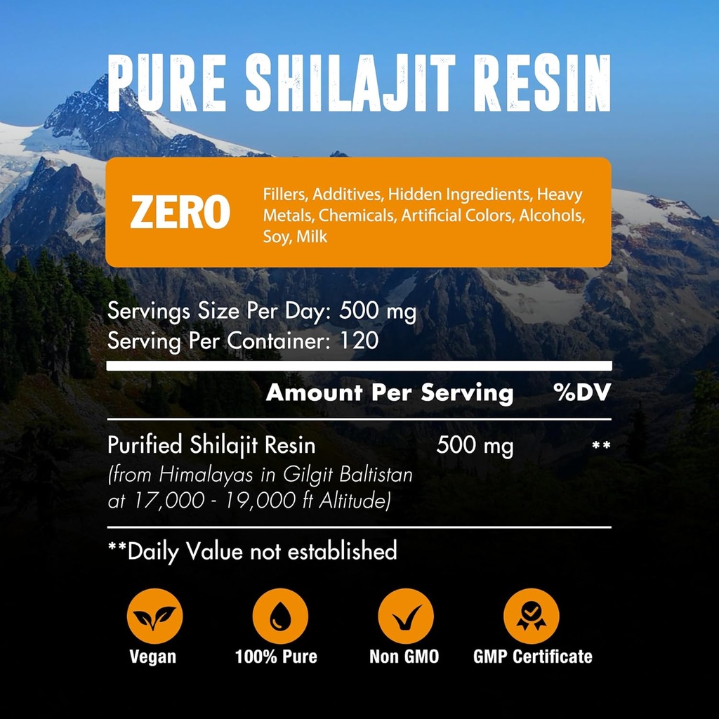 60.000 MG Shilajit Pure Organic Resin - 65% Fulvic Acid & 85+ Trace Minerals, 120 Servings - Awaken Energy Booster & Support Immune, Enhancer Overall Health & Brain Booster - Sugar Free