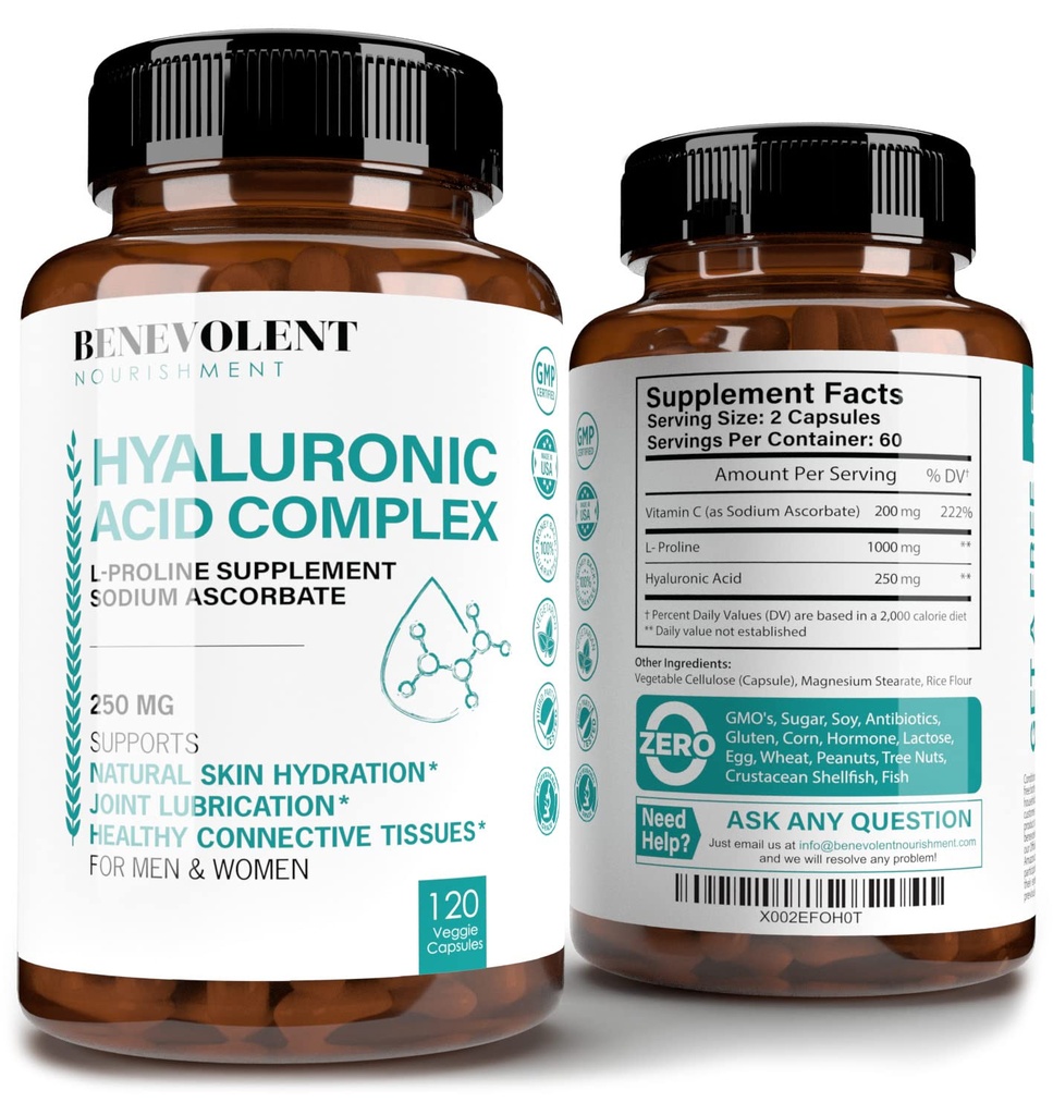 Suppléments d'acide hyaluronique 250mg avec 200mg Vitamine C, 1000mg L-Proline et anti-âge, Capsules d'acide hyaluronique pour la peau, les articulations et la santé des tissus conjonctifs - 120 Capsules
