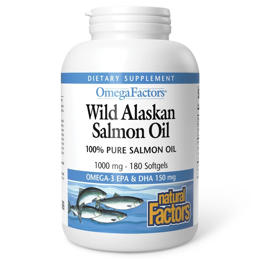 Facteurs naturels Huile de saumon sauvage d'Alaska Fournit Omega-3, EPA, DHA et vitamine D, soutient la santé cérébrale et cardiaque, 180 Softgels