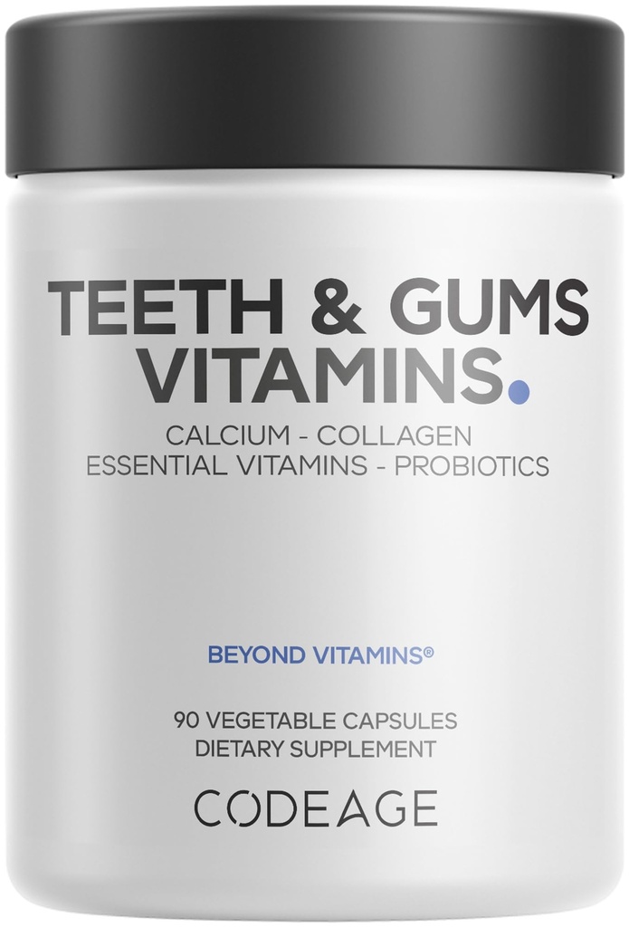Codeage Teeth & Gums Vitamins + Oral Probiotics Supplement for Mouth - Whole Food Calcium, Collagen, Potassium, Vitamin C, D3, K2, Zinc – Oral Care & Dental Multivitamin Supplements - 90 Capsules