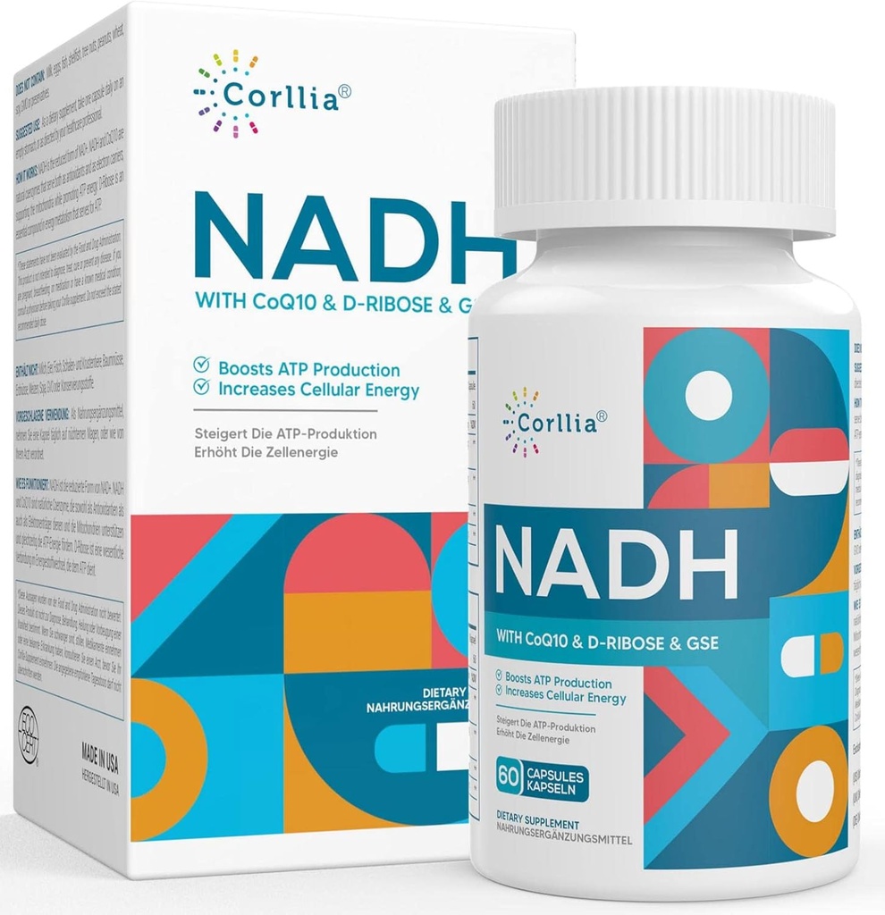 NADH + CoQ10 + D-Ribose supplement, Verbeter NAD+ Supplement voor energie, vermoeidheid, 60 capsules