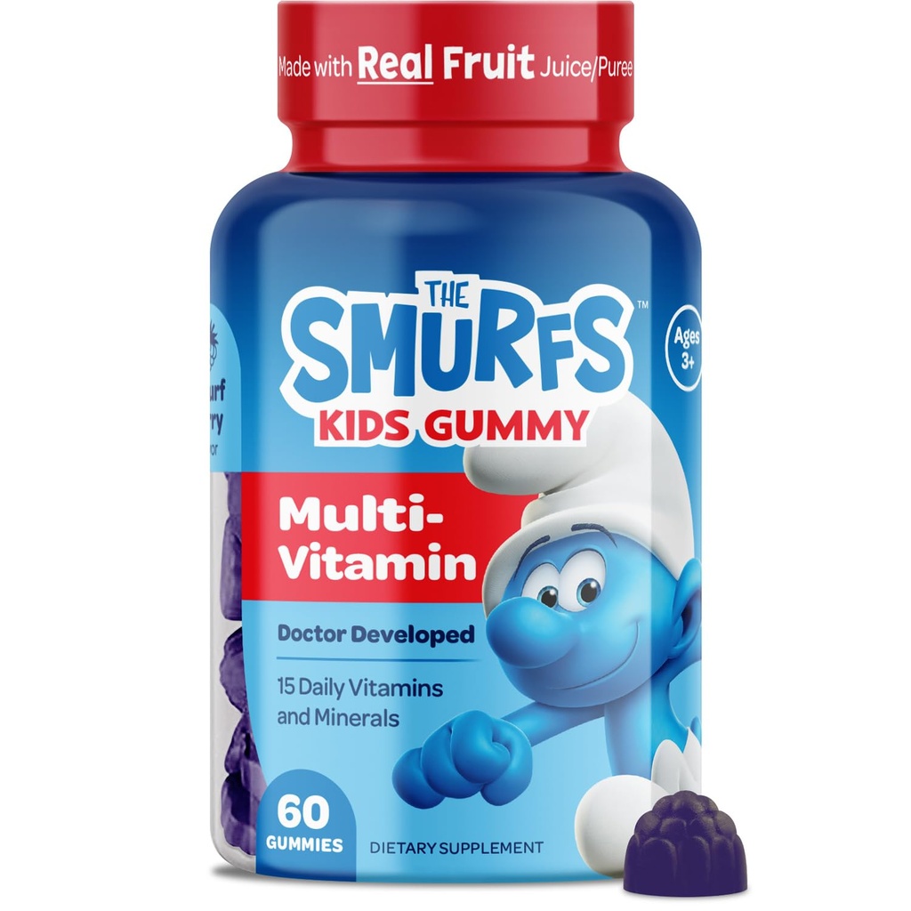 Smurfen Kinderen Multivitamine Gummies Multivitamine Gummies voor kinderen met 15 vitamines en mineralen Gemaakt met Real Fruit Ontwikkeld Doctor Non-GMO en Geen kunstmatige smaken of kleuren 60 Gummies