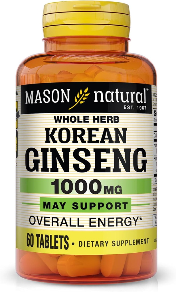 MASON NATUURLIJKE Koreaanse Ginseng 1000 mg, ondersteunt energie, duurzaamheid & vitaliteit, 60 tabletten