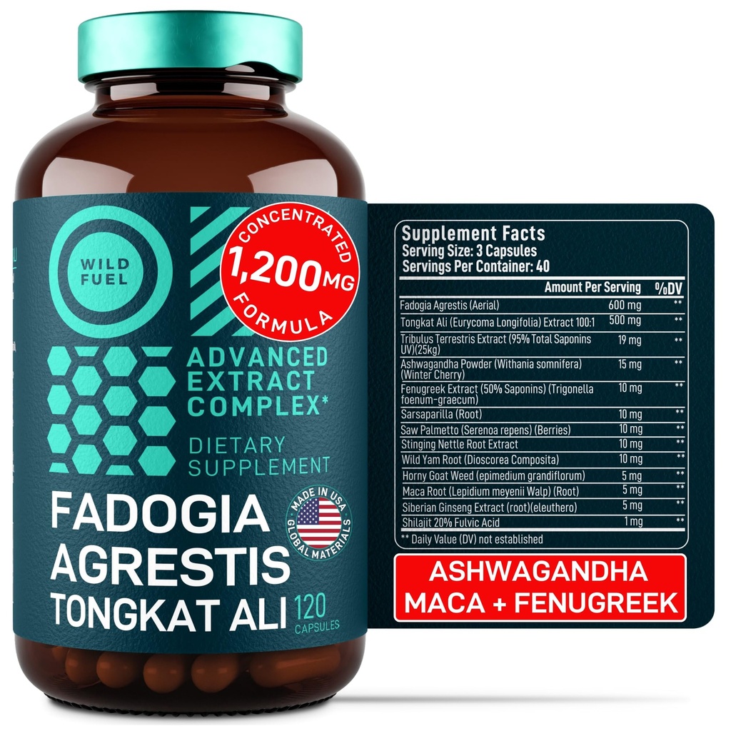 Fadogia Agrestis et Tongkat Ali Supplément - 600mg Fadogia Agrestis pour hommes, 500mg Longjack Tongkat Ali, Complexe Ashwagandha Maca Fenugreek - Force musculaire, énergie, soutien de l'humeur - 120 Capsules