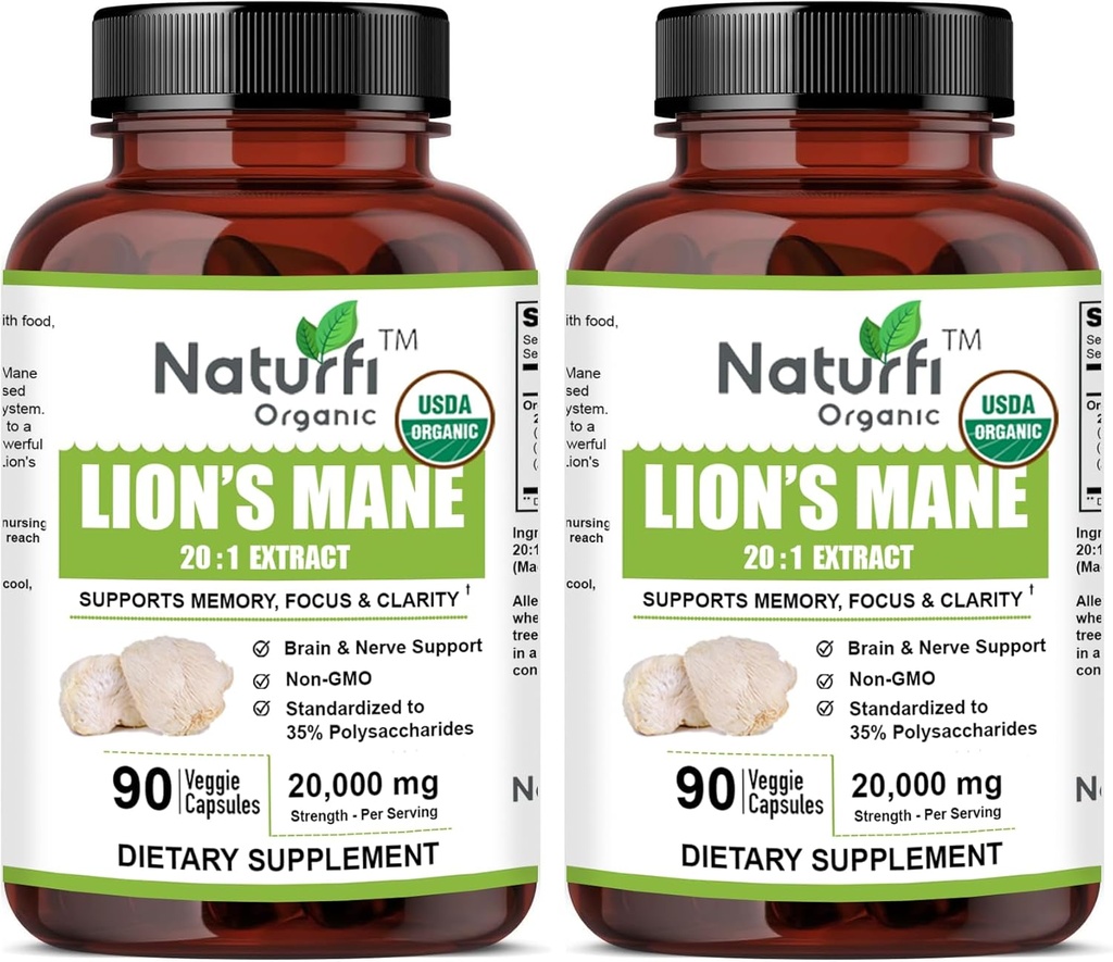 USDA Organic Lion's Mane 20:1 Extract, 20.000 mg Sterkte, 35% Polysacchariden, 180 Vegan Capsules, 90 Day Supply, Standaardized and Concentrated 20X Extract, All-Natural and Non-GMO