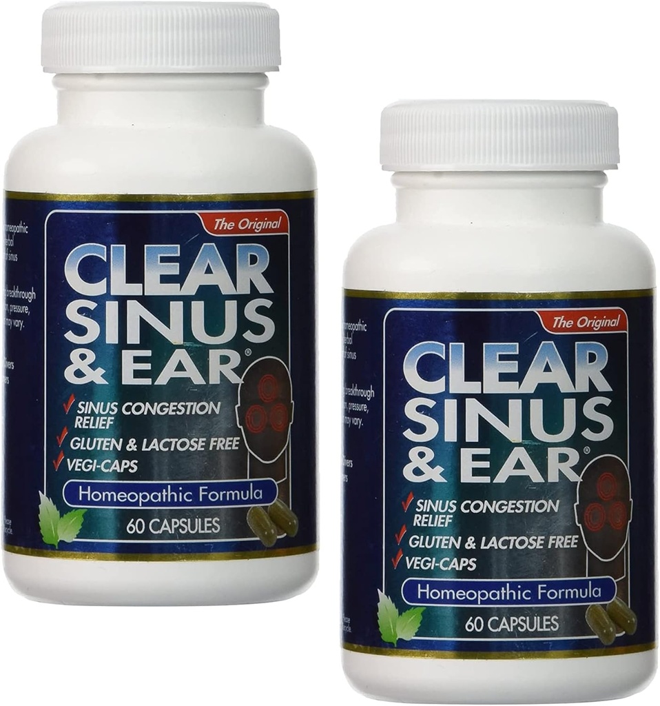 2verpakking van heldere producten Clear Sinus and Ear - Homeopathische - geen Gluten - 60 Vegi Capsules