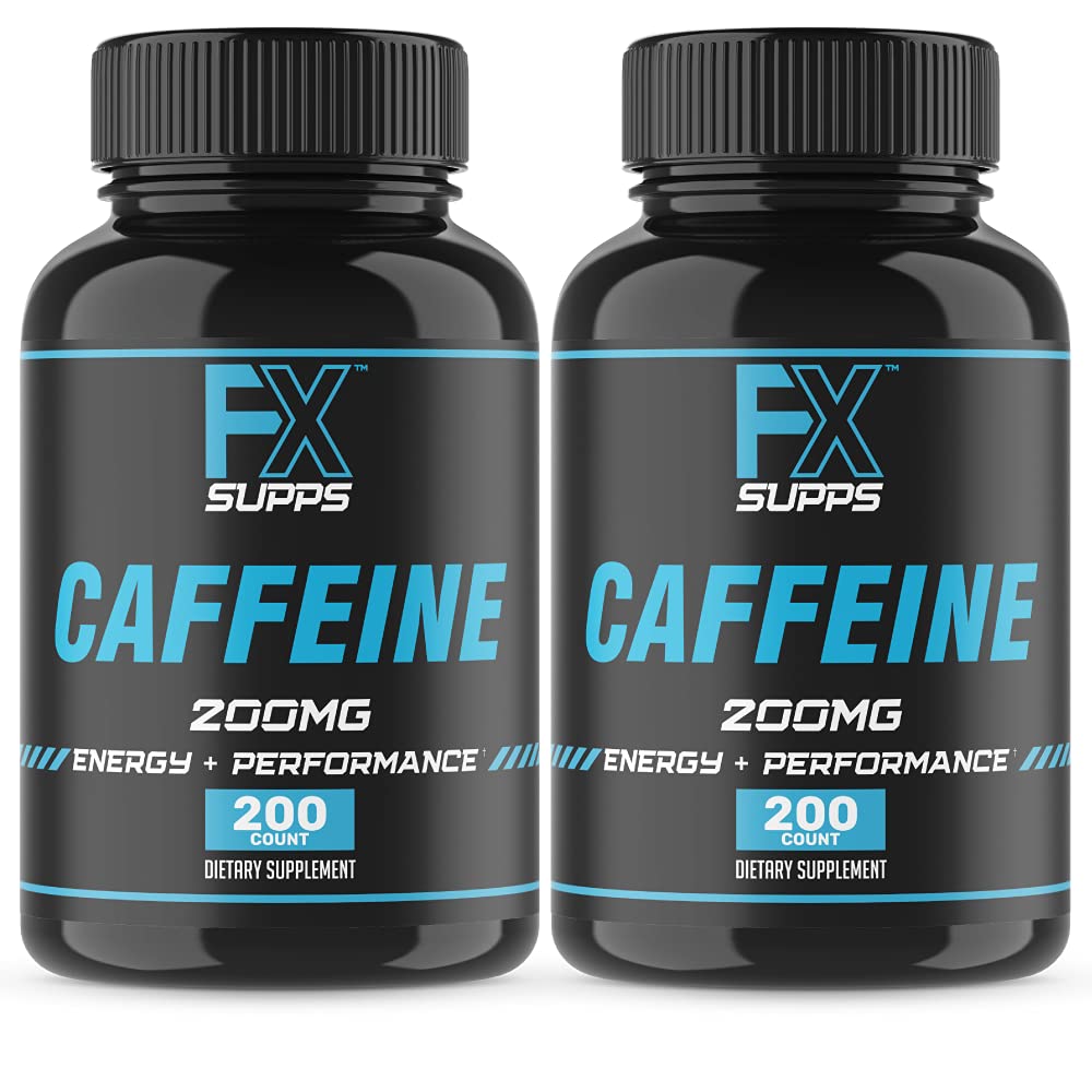 FXSUPPS Cafeïne 200 mg Pillen (2-Pack, 400 Capsules) Snelwerkende energie-ondersteuningssupplement voor mannen en vrouwen Ondersteunt Alertheid, Focus &amp; Materiële Functie