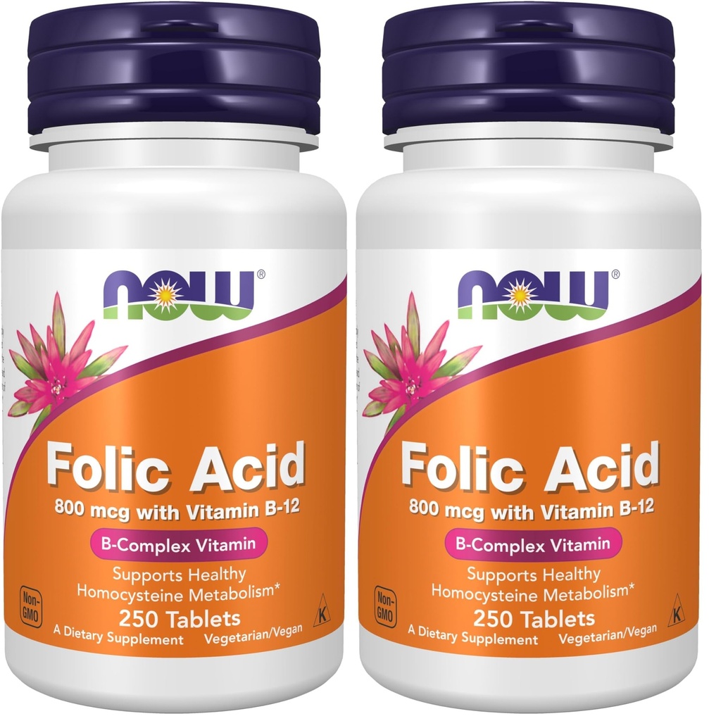 NOW Supplementen, Foliumzuur 800 mcg + B-12 (Cyanocobalamine) 25 mcg, B Complex Vitamine, 250 tabletten (verpakking van 2)