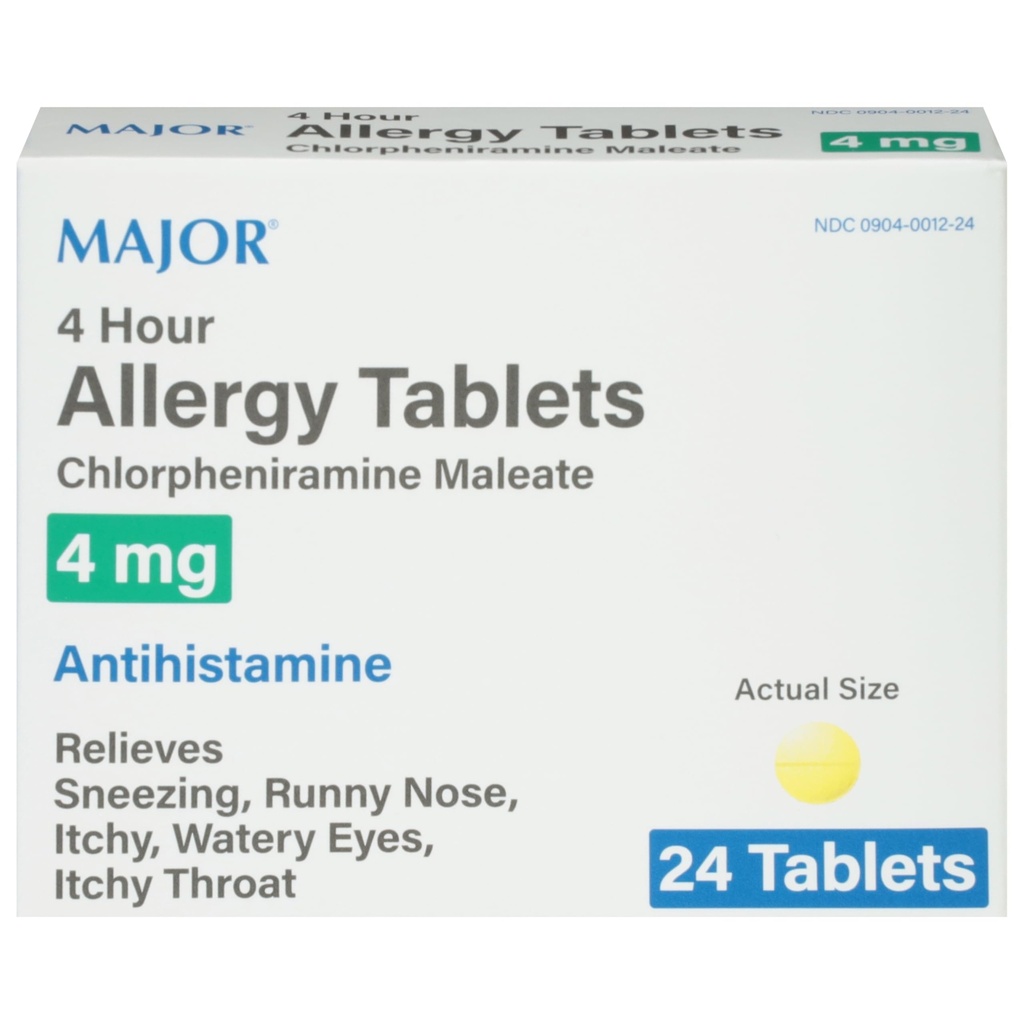 MAJOR 4 Hour Allergy Tablets - Chlorpheniramine Maleate 4mg - Antihistamine - 24 Count (1 Pack)