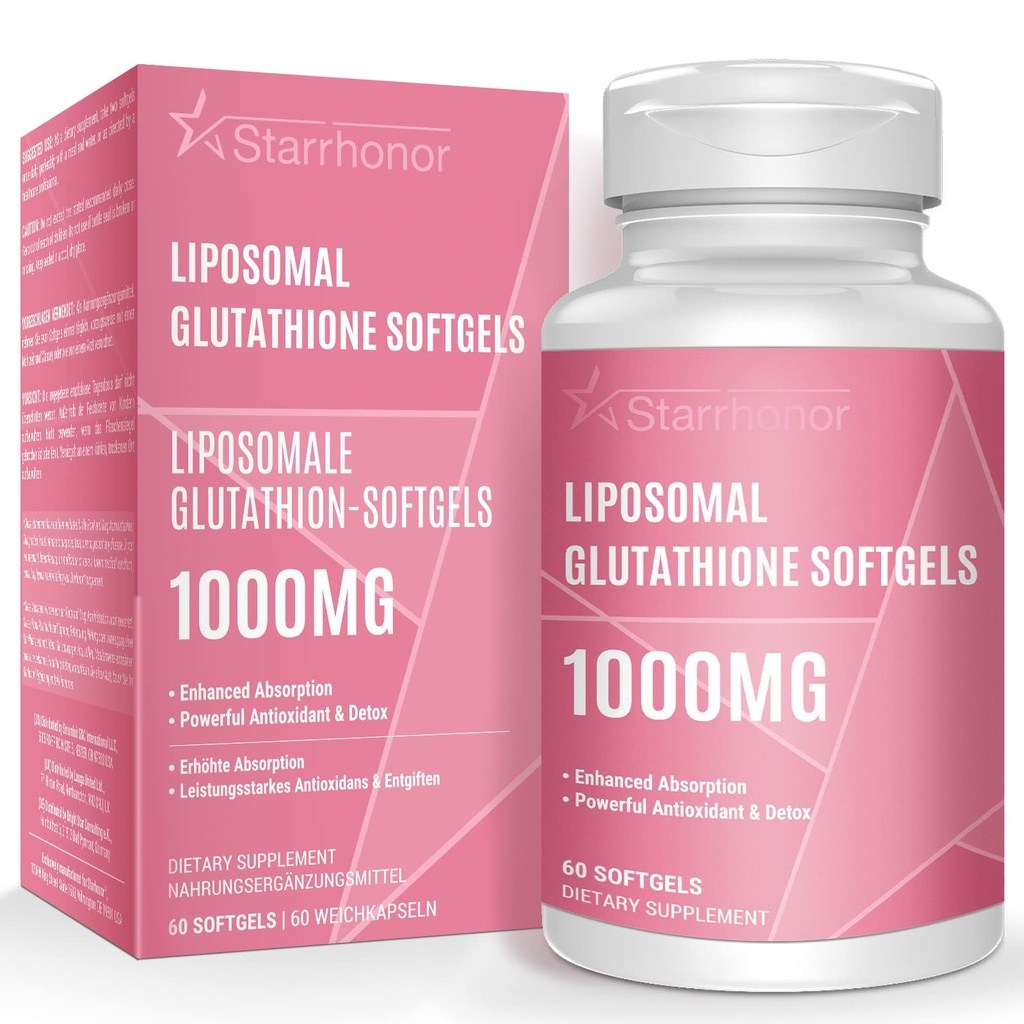 Liposomale Glutathion Softgels 1500MG, Verminderd Glutathion Supplement met Vitamine C, Betere Absorptie, Niet-GMO Krachtige Antioxidant voor gezonde veroudering, Detox, Immune Health, 60 Softgels
