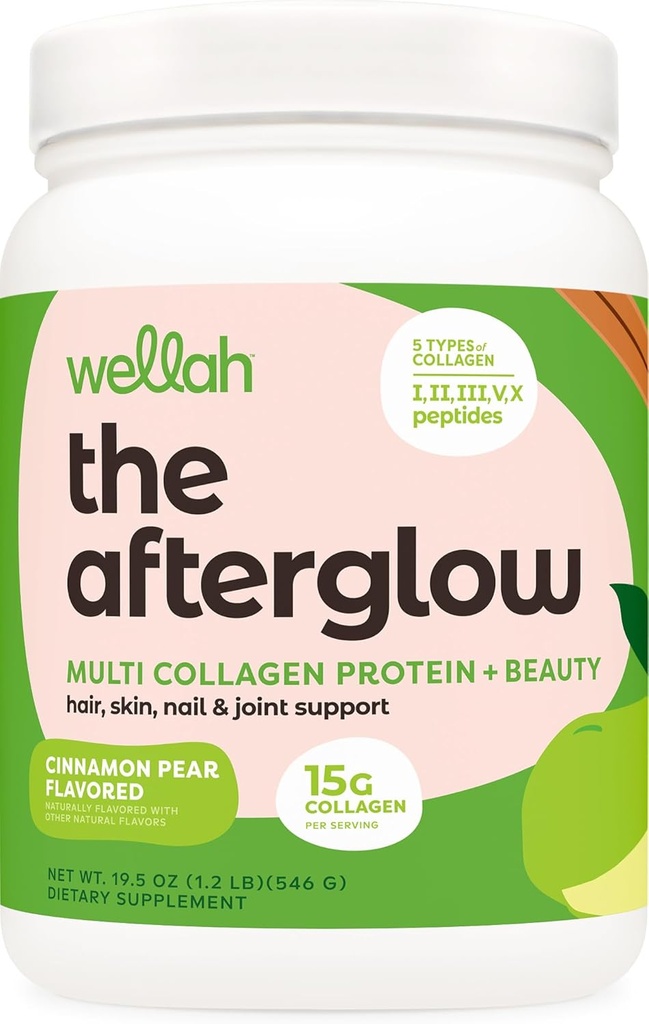 Wellah The Afterglow Multi Collagen Protein + Beauty (30 Servings, Cinnamon Pear) - Hair, Skin, Nail & Joint Support - Non-GMO and Gluten Free