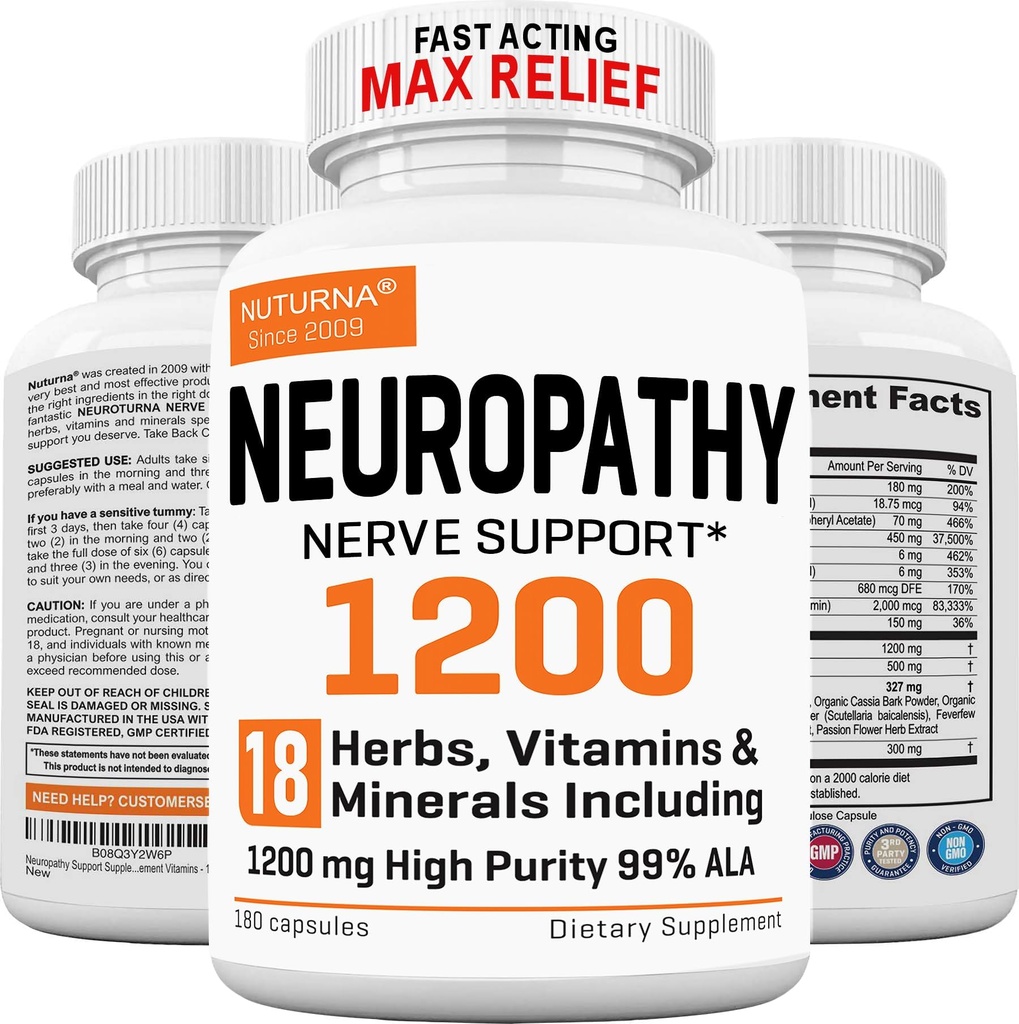Neuropathie Ondersteuning Supplement met 1200 mg HP-99 Alpha Lipoïnezuur - Max Strength ALA Zenuw Formule voor Voeten Handen Fingers Benen - Ultra Potent 18 in 1 Natuurlijke Perifere Zenuw Vitaminen - 180 Capsules