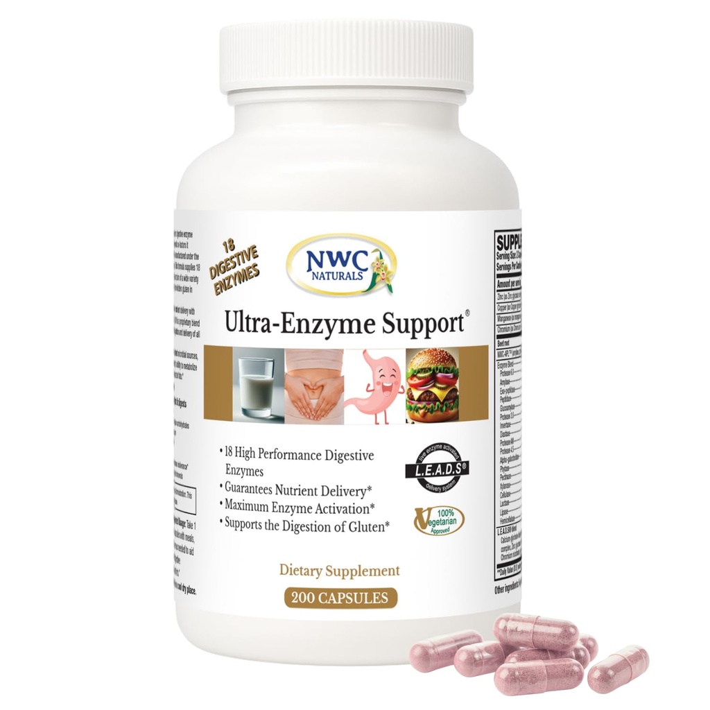 NWC Naturals Ultra-Support enzymatique, supplément digestif naturel, favorise la santé optimale et la digestion, 200 capsules de compte