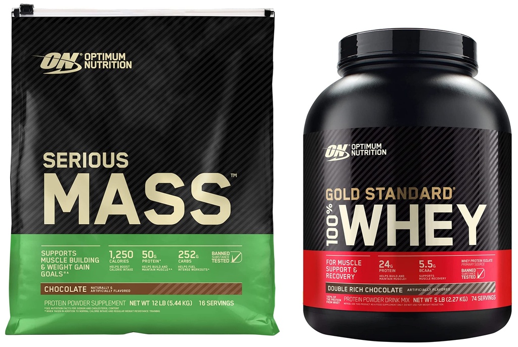 Optimale voeding Serieuze massa Gewicht Gainer Proteïne Poeder & Gold Standaard 100% Wei Proteïne Poeder, Dubbel Rijke Chocolade, 5 Pond (Verpakking mei Vary)