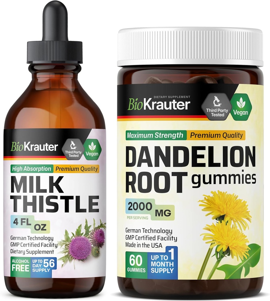 BIO KRAUTER Melkdistel Tinctuur 4 Fl. Oz. & Dandelion 60 Gummies