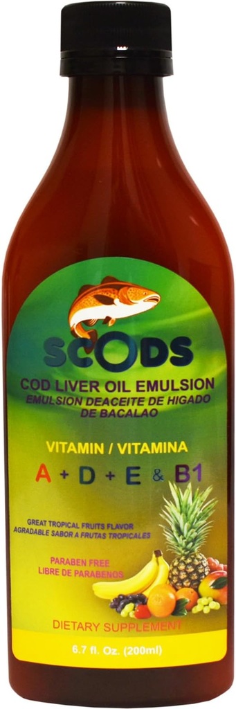 Emulsion de Scods Frutas Tropicales Cod Huile de foie Emulsion Fruits tropicaux 200ml Vitamine A + D + E & B1