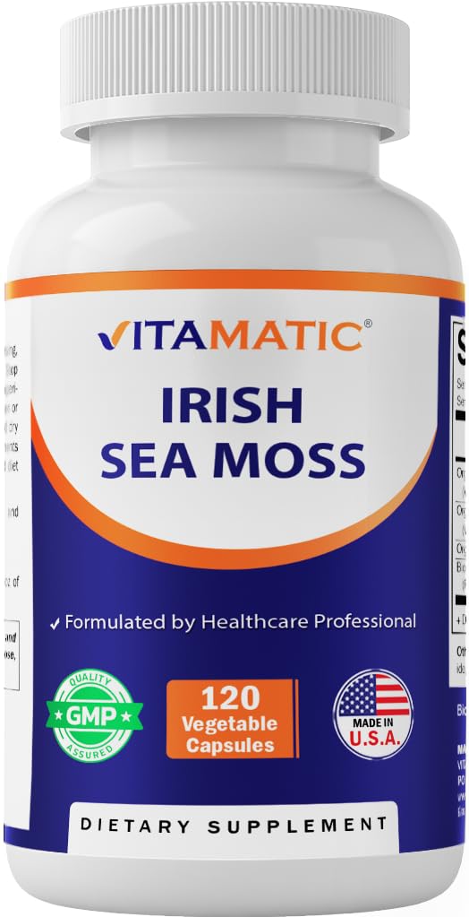 Vitamatic Irish Sea Moss – 120 capsules végétariennes faites avec Bladderwrack & Burdock Root - Supplément Seamoss pour support thyroïdien, énergétique et immunitaire
