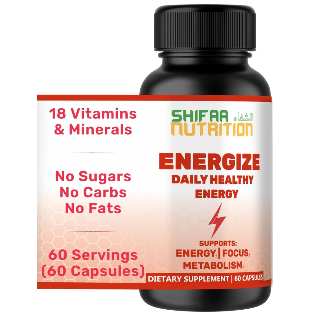 SHIFAA NUTRITION Energiser, énergie naturelle quotidienne Vitamines sans jitter, 60 portions Soutient la concentration, l'humeur, le cerveau, le métabolisme, la caféine et la taurine, B1, B2, B5, B6, B7, B9, B12 Vitamines halales