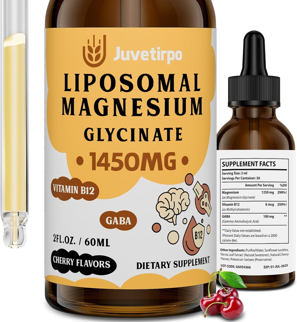 Glycinat de magnésium gouttes liquides - Tchélate liposomique avec goût de cerise pour l'absorption facile, favorise le sommeil, l'humeur, la santé intestinale et osseuse, réduit le stress - 60ML (2,04 Fl Oz (paquet de 1))