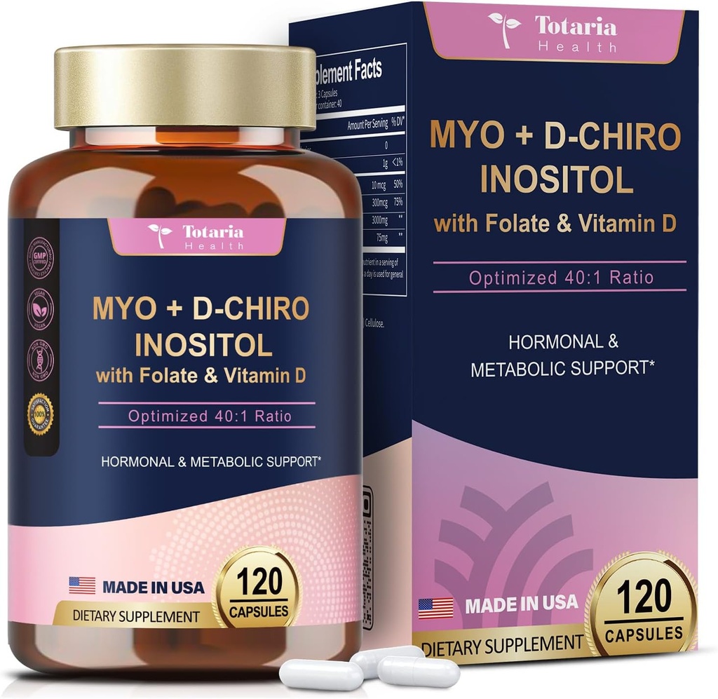 Totaria Inositol Supplement voor vrouwen met vitamine D3, Folaat, 40:1 Ratio Myo-Inositol 3000mg & D-Chiro Inositol 75mg Complex, Vitamine B8 Inositol Supplement voor vrouwen Haar, Nagel, Huidgezondheid