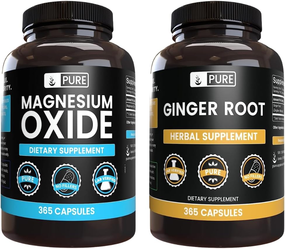 Ingrédients originaux purs Oxyde de magnésium et lot de racines de gingembre, 365 capsules chacune, sans remplissage, toujours pur