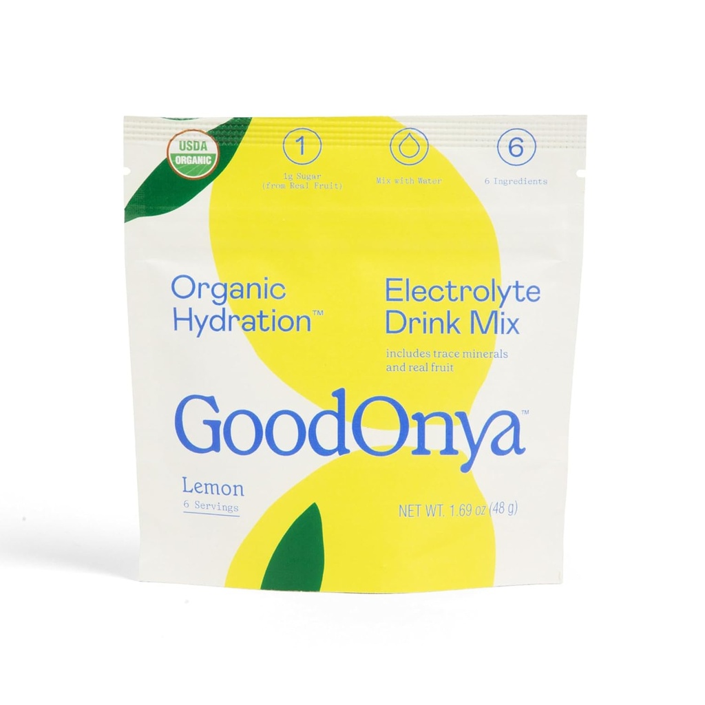 GOODONYA Organic Hydration Electrolyte Drink Mix, Certified Organic Hydration Powder, Non-GMO, Biochecked Glyfosate Free, Low Sugar, Limonade smaak, Geen kunstmatige smaken, 6 Serves