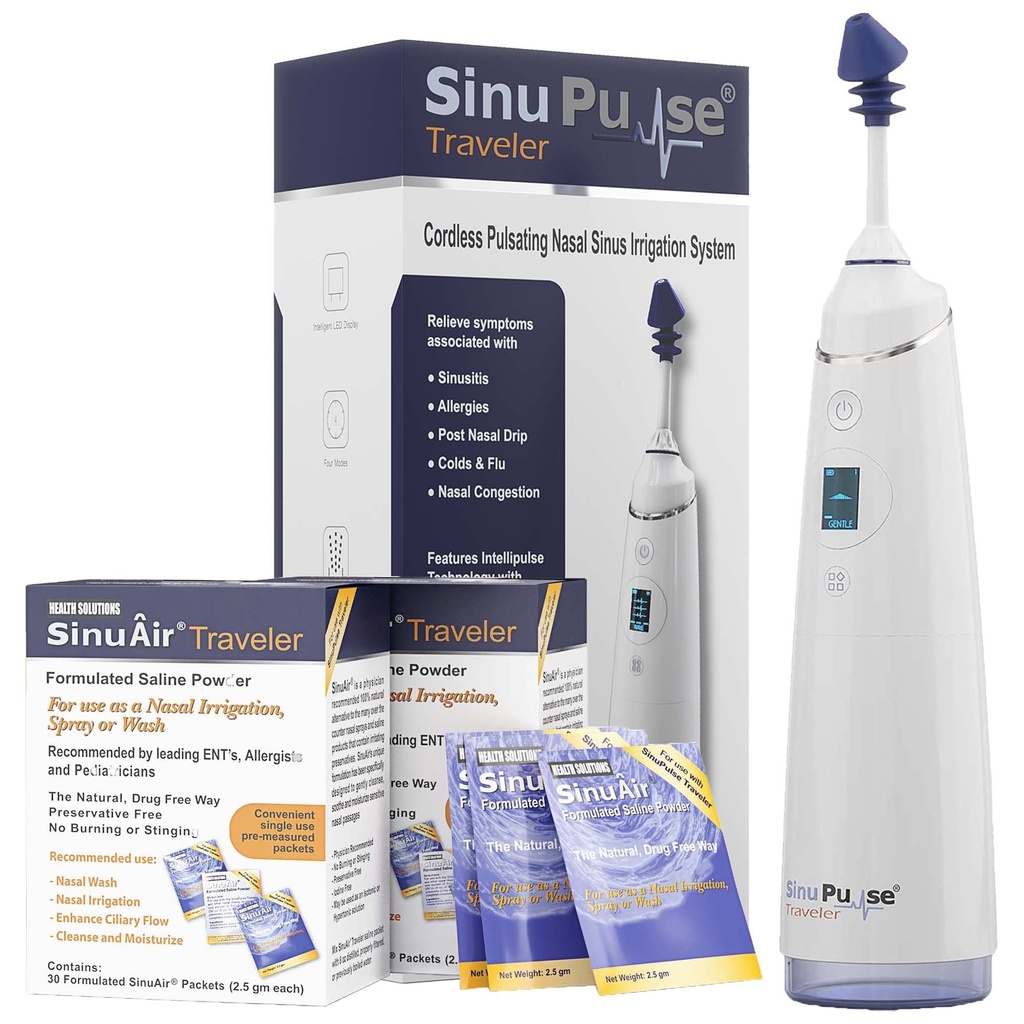 SinuPulse Traveler met 90 Sinuair Packets - Cordless Pulsating Nasal Irrigation Sinus Rinse System, Space Saving Cleaner & Relief Machine voor reizen, effectiever dan Neti Pot of Neus Spray Bottle