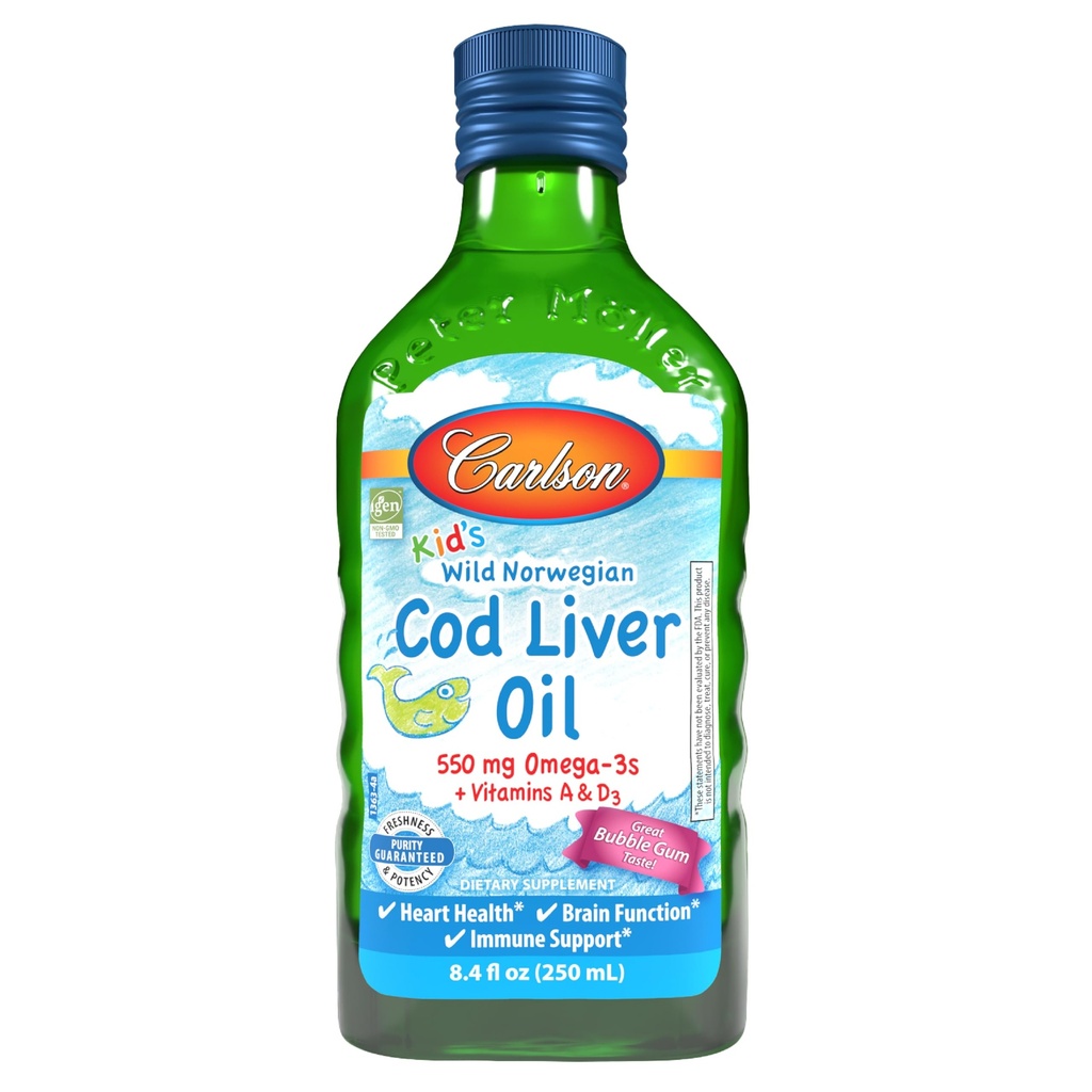 Carlson - Kid's Cod Liver Oil, 550 mg Omega-3s, Vitaminen A & D3, Wild Norwegian, Bubble Gum, 250 ml