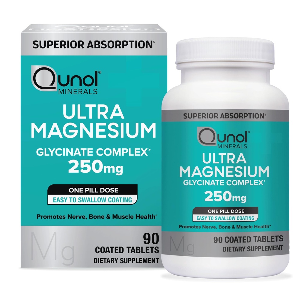 Qunol Magnesium Glycinate Complex, Zacht op de maag, 250 mg één pil dosis, Superior-Absorptie Magnesium, Zenuw, Bone en Muscle Health Supplement, 90 Tellen (Pack of 1)