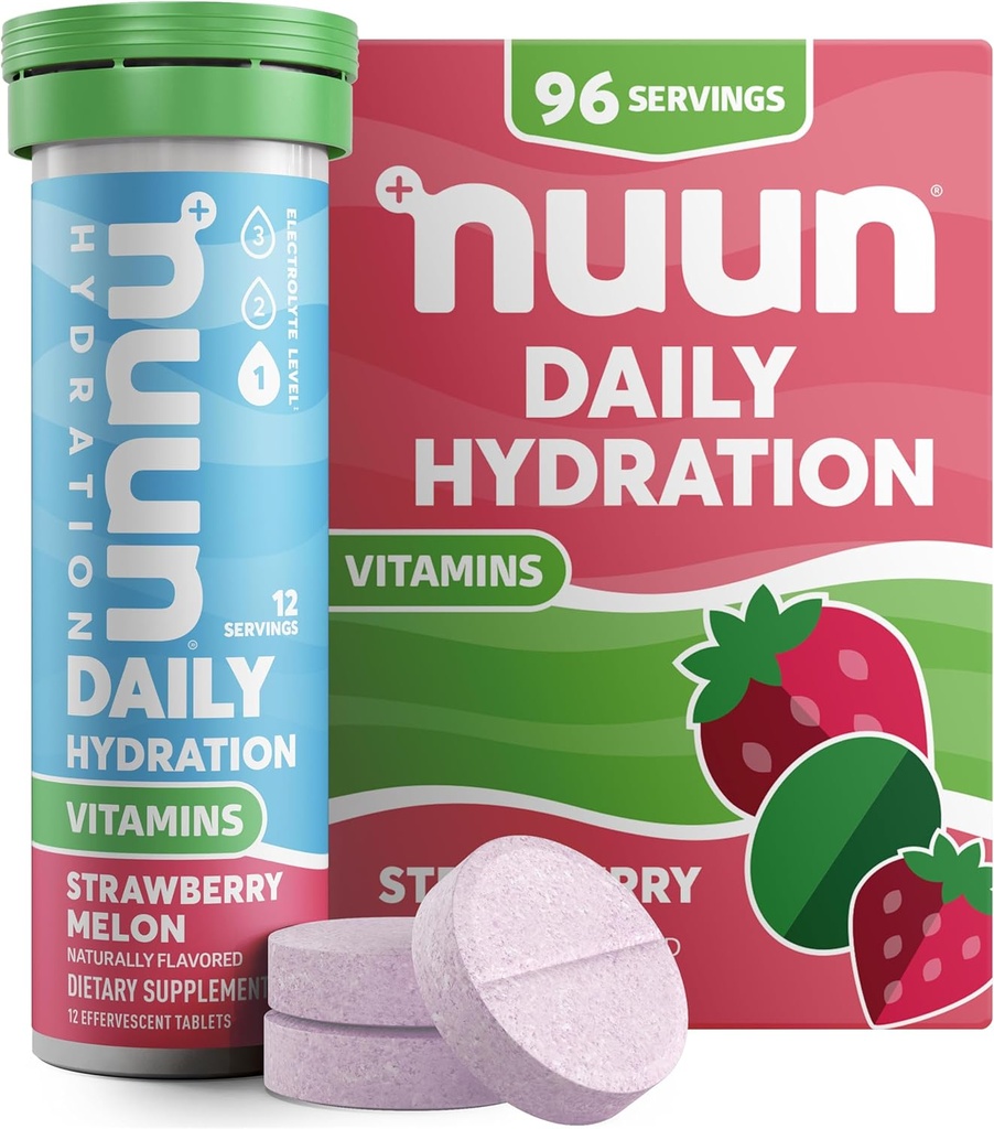 Nuun Vitaminen Elektrolyten Tabletten met vitamine D, C, E, A, & B6, Foliumzuur, Magnesium & 4 Andere essentiële Elektrolyten, Glutenvrij & Veganistisch, Aardbei Meloen, 8 Pack (96 Servers Totaal)