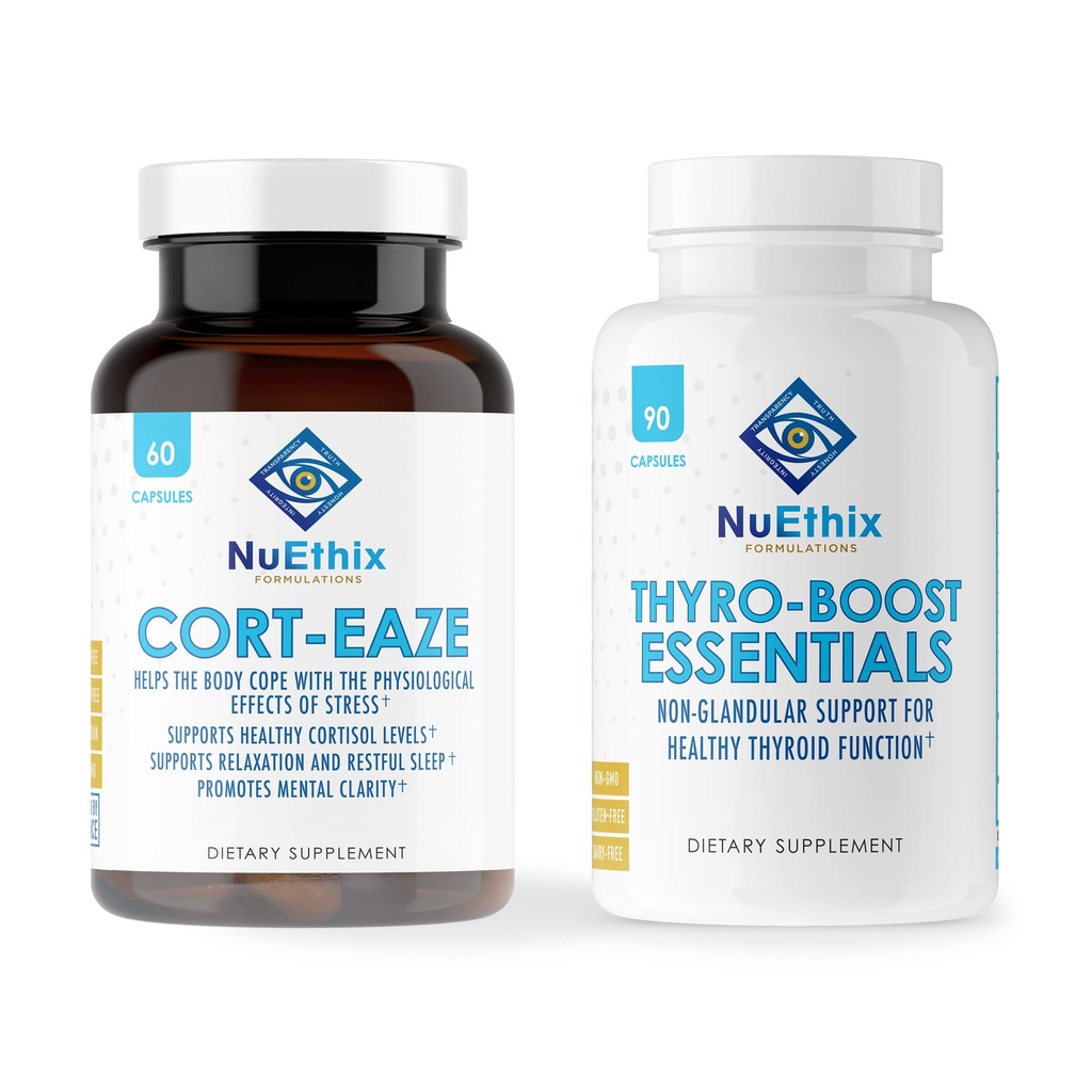 NuEthix Formuleringen Cortisol en Thyroid Support Supplement bundel: Cort-Eaze Cortisol-Control Supplement, 60 capsules, 30 porties en Thyro-Boost Essentials, 90 capsules