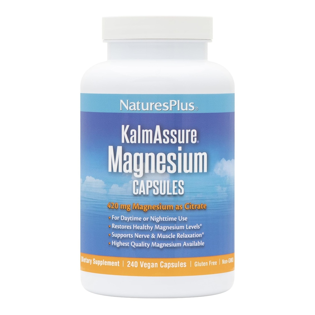 NaturesPlus KalmAssure Magnesium - 240 Vegan Capsules - Highly Bioavailable Magnesium Citrate - Supports Nerve & Muscle Relaxation - 60 Servings