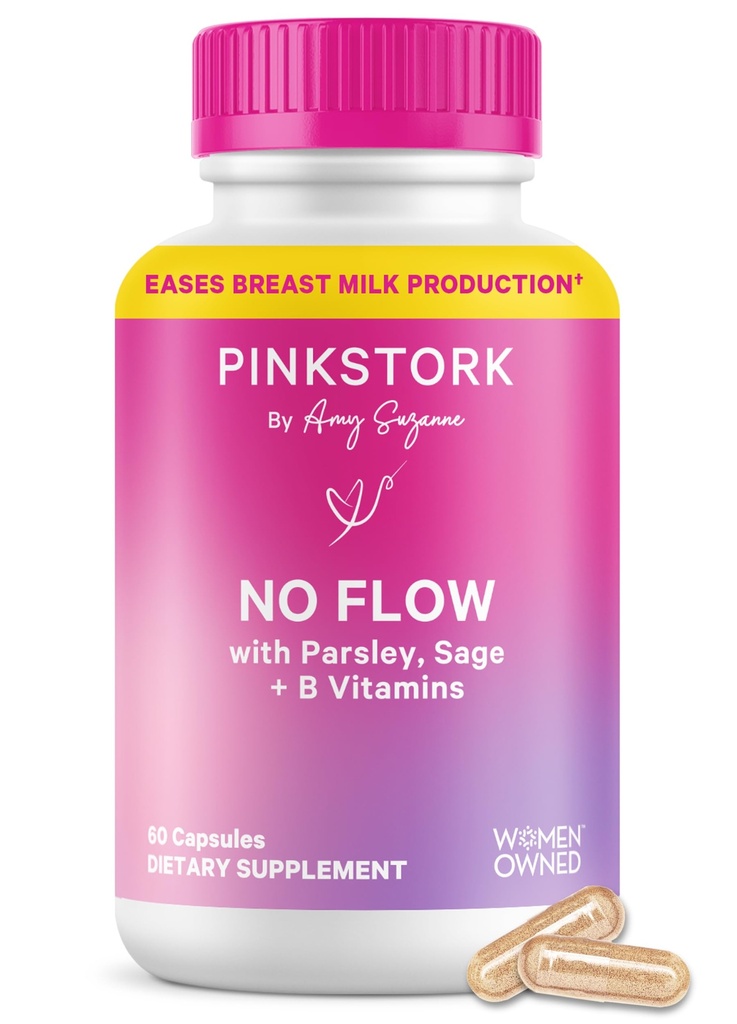Pink Stork Pas de flux: Sécher le lait maternel avec la sauge, le persil et les vitamines B, essentiels postpartum pour les femmes pour arrêter l'allaitement et diminuer la production de lait, 60 capsules