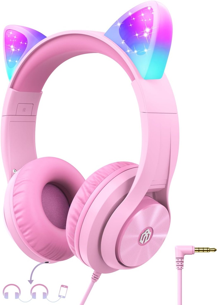 iClever Kids Headphones met Cat Ear Led Light Up, Safe Volume Limite, FunShare, Opvouwbare, Over-Ear Headphones voor kinderen voor school/iPad/Tablet/Travel, Meow Donut-Pink