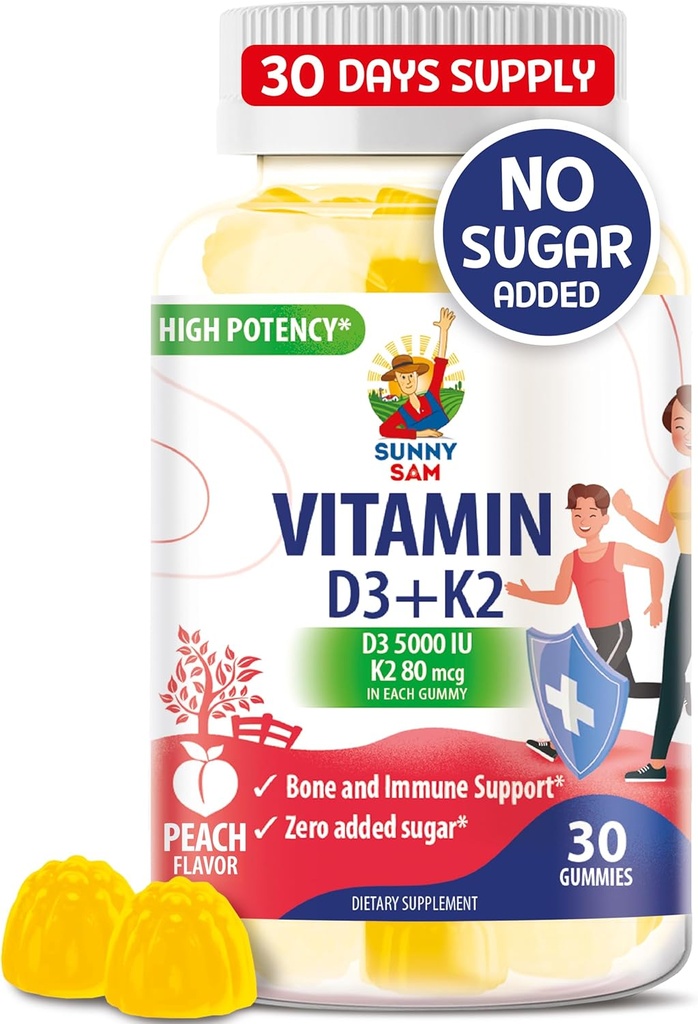 Suikervrije vitamine D3 K2 Gummies 5000 IE - Immune & Bone Support Gummies - Vitamine D Gummy Supplement voor volwassenen - High-Absorptie, Vegan, Halal, Glutenvrije Kauwbare Vitaminen