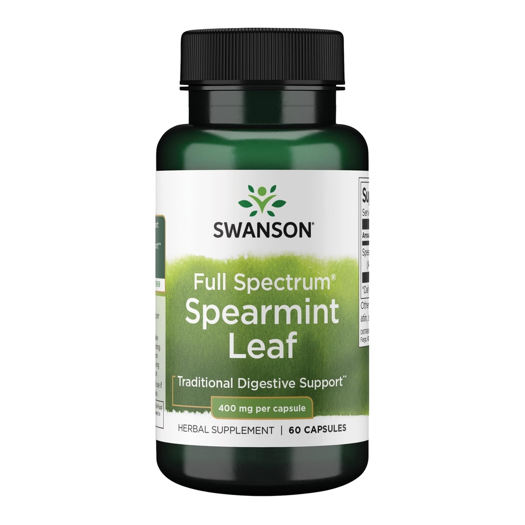 Swanson Spearmint Leaf (Mentha Spicata) - Full Spectrum Kruidensupplement ter ondersteuning van spijsverterings- en milde maagproblemen - Natural Formula Supporting Health & Wellness - (60 capsules, 400 mg elk)