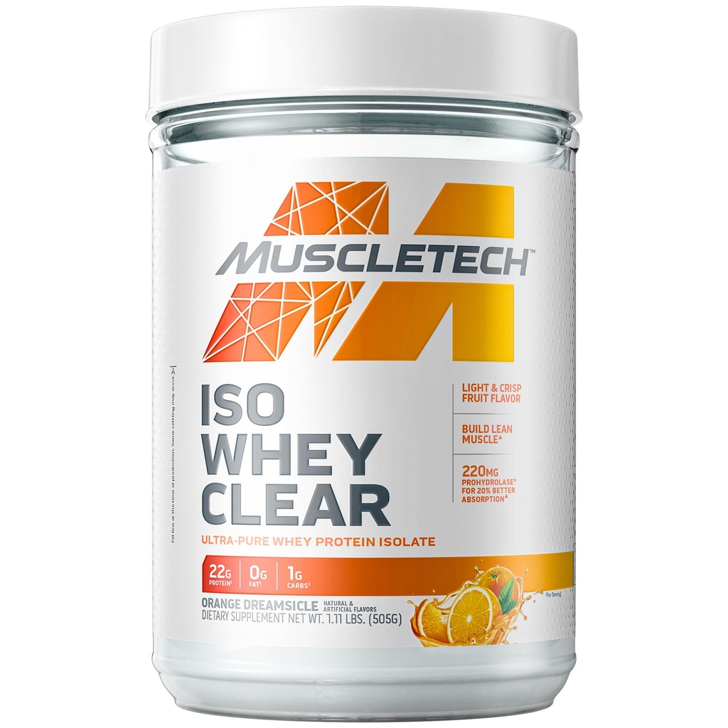MuscleTech Whey Protein Powder Clear Whey Protein Isolate Whey Isolate Protein Powder for Women & Men Clear Protein Drink 22g of Protein, 90 Calories Orange Dreamsicle, 1.1lb (19 Servings)