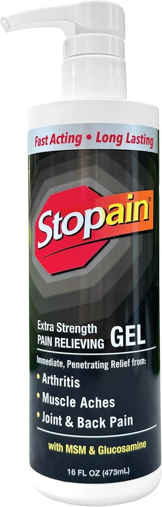 Stopain Pain Relief Gel 16oz, USA Made, Max Strength Fast Acting with Menthol, MSM, Glucosamine for Joint Pain, Back Pain, Artritis, Knie, Neck Pain, HSA goedgekeurd otc Topical Analgeic Product