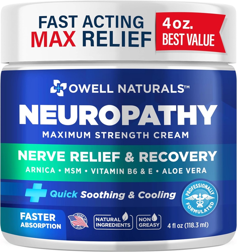 Owell Naturals Neuropathy Nerve Relief Cream, Maximale sterkte, Greaseless, Natuurlijke Ingrediënten Arnica, Aloë Vera, MSM, Vitamine B6 voor voeten, handen, benen, Toes Ongemak, 4 Fl Oz (pakket van 1)
