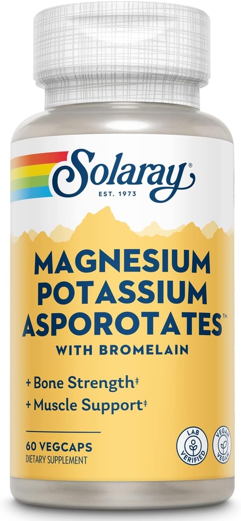 Solaray Magnesium en Kalium Asporotaten w/Bromelain, Gezonde Elektrolyt, Spier, Hart & Cellular Ondersteuning, 60 VegCaps